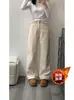 Jeans Gruesos Rectos Sueltos con Forro de Polar Beige para Mujer, Nuevos Pantalones Versátiles Estrechos de Pierna Ancha de Cintura Alta para Otoño e Invierno