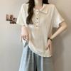 Estilo universitário colarinho polo ombro manga curta T-shirt verão feminino gordinha menina textura barriga coberta camisa redutora de idade 300kg jaqueta