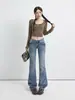 YECHUAN # Calça jeans flare retrô para mulheres, novo estilo outono e inverno 2026, cintura baixa, modeladora, calça boca de sino casual