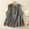 Foto Real de Chaleco Coreano Sin Mangas Cuadros Babydoll Top Nuevo para Mujer Holgado con Borde de Oreja Cuello Redondo Camisa Verano