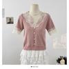 Dulce Punto de Encaje Patchwork Cuello en V Manga Corta para Mujer Verano Nuevo Look Adelgazante y Top Corto Rejuvenecedor