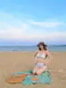 Bikini fresco de rayas azules y blancas con cuello halter, de cintura alta, traje de baño con cordón dividido para mujer, adecuado para vacaciones en la playa y aguas termales