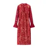 Vestido Europeu e Americano Transfronteiriço Aliexpress Comércio Exterior Moda Feminina Zr Renda Vazada Decote Baixo Manga Sino Ajustado ao Corpo