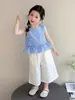 Conjunto de Colete Casual Xadrez Estilo Coreano para Meninas 2026 Nova Moda de Verão Crianças Verão Fino Outdoor Calça de Perna Larga
