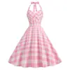 X Comércio Exterior Transfronteiriço Roupas Femininas Retrô Europeias e Americanas Sexy Gola Halter Cruzado no Peito Emagrecedor Estampado Grande Balanço Vestido Peça Única Atacado