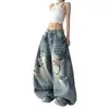 Jeans Retrô Rasgado de Perna Larga Feminino 2026 Verão Novo Design de Calça Comprida Afinando Streetwear Calças Tendência Afinando