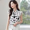 Foto Real da Camisa Branca de Verão 2026 para Mulheres, Blusa de Chiffon Elegante e Estilosa, Estilo Francês de Nicho, com Bolinhas e Mangas Bufantes
