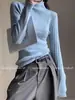 Top Base de Tricô Azul Gola Meia-Alta Estilo Coreano para Mulheres, Outono/Inverno, Slim Fit, Elegante, Roupa Íntima, Suéter Macio e Fofo de Alta Qualidade