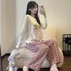 Pijama para mujer con estampado de fresas, estilo dulce y lindo, nueva ropa de casa casual versátil de manga larga holgada que se puede usar afuera