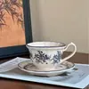 Prato Raso de Jantar, Tigela de Arroz, Xícara de Café com Pires em Porcelana Azul e Branca Estilo Europeu com Padrão de Orquídeas, Conjunto de Louças Domésticas, Prato, Tigela de Arroz