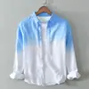 Camisa abrigo de personalidad japonesa degradada para hombre, lino casual transpirable, combinación de colores, manga larga, una generación de cabello