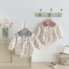 Macacão de Bebê Menina Estilo Coreano para Primavera com Estampa Floral e Gola Doce de Boneca, Macacão Longo de Peça Única, Roupas Novas