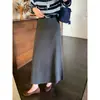 Saia elegante estilo coreano com retalhos e painel traseiro para mulheres, saia longa de malha outono e inverno 2026