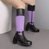 Botas de Montura Altas 482023 Botas de Comercio Exterior Tacón Medio Zapatos de Mujer Botas de Cuero Costura 40 Hebilla de Cinturón Grueso Nuevo Morado Adulto