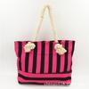 Bolsa de Playa de Algodón Rayada Rosa Roja Personalizada de Fábrica, Bolso de Lona con Cuerda Gruesa de Cáñamo para Exportación, Bolsa de Compras Rayada
