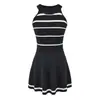 Vestido de Tricô Branco Listrado Sem Mangas para Mulheres, Vestido de Verão com Cintura Marcada em Crochê, Modelo Evasê com Saia Curta de Alto Padrão e Elegante