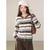 Cárdigan de punto a rayas de bloques de color retro para mujer, estilo perezoso de otoño, diseño desgastado, chaqueta corta de punto