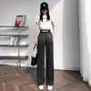 Novas Calças Jeans de Tencel de Verão com Caimento Solto Retas Gradiente Preto Calças Casuais Cintura Elástica Comprimento Total Calças Femininas