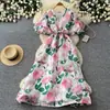 Vestido de manga corta de alta gama con estampado de rosas para mujer, verano 2026, elegante estilo francés, con cinturón para ceñir la cintura, adelgazante, falda larga con dobladillo amplio