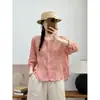 Camisa de Linho de Algodão Bordada Artística Feminina Verão Novo Retro Gola Redonda Manga Média Solta Emagrecedora Top Cardigan Petite