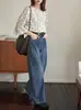 """Desenho Branco" "Versão Boa 360 Graus" Calça Reta Solta Primavera e Outono Jeans de Perna Larga Machete Feminino"""