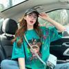 Camiseta Holgada de Algodón Puro con Bloques de Color Nicho Tie-Dye para Mujer Chic Trendy Marca Graffiti Media Longitud Elegante Urbana Top de Manga Corta