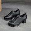 Zapatos de una capa de tacón alto pequeño retro nuevos de primavera y otoño de Shanghai Jie shu Puntera redonda cómodos casuales capa superior piel de vaca con cordones frontales zapatos de mujer