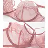 Conjunto de sujetador de encaje transparente ultrafino estilo europeo y americano para mujer, diseñado para hacer que los senos grandes parezcan más pequeños, con soporte antigravedad y elevación, conjunto de lencería sexy