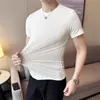 Camiseta de Verano Estilo Coreano Juvenil Ajustada Cuello Redondo Rayas Hombres Transfronteriza Seda de Hielo Ajustada Elástica Delgado Mangas Cortas