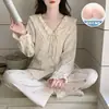Pijama Feminino Derong com Bojo Estilo Princesa Doce Renda Manga Longa Espessado Quente Conjunto para Casa