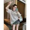 Camiseta Feminina Listrada de Manga Curta Plus Size, Verão, Caimento Solto, Emagrecedora, Fina, Casual, Top Versátil