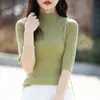 Estilo Novo de Primavera Algodão Puro Gola Meia-Alta Manga Três Quartos Suéter Base Tricotado Cor Sólida Versátil Estilo Coreano Top Canelado Roupa Feminina