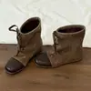 2026 Nuevas Botas Cortas Vaqueras Estilo Coreano Patchwork Retro con Cordones y Cierre de Encaje para Mujer, Elegantes Botas de Moda Cuadradas Adelgazantes