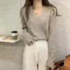 Suéter Casual para Mujer Otoño/Invierno 2025, Diseño Abotonado, Manga Larga Cuello en V Tejido Francés Capa Base Top de Cuello Bajo