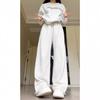 Calças de Moletom Femininas Branco-Cinza com Drapeado, Verão 2025 Novo Solto Emagrecedor Perna Larga Casual Jogger