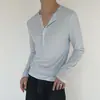 Camiseta de Manga Larga estilo coreano con cuello Henley perezoso, Unisex, Ligera, Transpirable, Elástica, Capa base