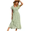 Vestido Bohemio Transfronterizo con Volantes Dulce Floral Cuello en V Manga Corta Estilo Étnico con Abertura Vestido de Playa para Mujer
