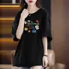 Comercio Exterior Transfronterizo Despacho de Aduana de Comercio Exterior Stock Marca Grande Etiqueta Cortada Camiseta de Manga Corta Mujer Verano Capa Interior Capa Base Top de Cuello Redondo Estampado