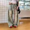 Jeans curvo com bainha irregular estilo retrô americano para mulheres, design de outono, estilo workwear, cintura alta, solto, calças largas tipo foice