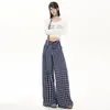 Calça Plaid Solta de Perna Larga Estilo Americano Vintage Spice Girl Botão Único Múltiplos Botões Preguiçosa Dape Reta Casual para Mulheres