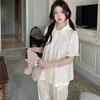 Novos Pijamas de Seda de Gelo 2026 para Mulheres, Conjunto de Loungewear Respirável de Cor Sólida e Renda com Manga Curta e Calça Longa, Que Pode Ser Usado Fora