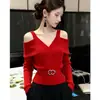 Top de punto asimétrico para mujer en otoño, de alta gama, único, hermoso, elegante, diseño rejuvenecedor, suéter entallado a la cintura con cinturón