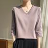 Novedad Primavera y Verano Color Puro Algodón Cuello en V Manga Corta Superficie Lisa Mujer Sencillo Versátil Prendas de Punto Chaleco de Manga Tres Cuartos Camiseta Lentejuelas