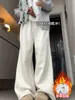 Calça Macia com Forro de Lã para Mulheres, Primavera, Outono, Inverno, Engrossada, Estilo Casual Preguiçoso, Caimento Macio, Perna Reta, Calça de Perna Larga Yamamoto