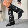 2025 Nuevas Botas de Moda de Tacón Alto Plisadas Transfronterizas de Comercio Exterior Tacón Grueso Talla Grande Estilo Británico Botas Pantalón de Caña Alta para Mujer Talla Grande