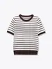 Exportação Transfronteiriça 2025 Novo Outono Feminino Gola Redonda Estilo Europeu e Americano Listras Contrastantes Gola Redonda Manga Curta Blusa de Tricô