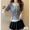 2025 Top Dulce Versátil de Empalme Falso Dos Piezas Diseño de Moda Tirante Lazo Camiseta de Manga Corta Ajustada para Mujer