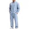 Amazon Moda Traje de Lino Europeo y Americano Sencillo Casual Camisa de Manga Larga con Cuello de Solapa y Pantalón Recto Conjunto de Dos Piezas