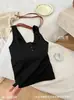 Chaleco de Botones Estilo Chica Picante Primavera y Verano, Corte Ajustado, Diseño Trenzado Hueco, Espalda Hermosa, Copa Fija, Tirantes Anchos, Top de Tubo