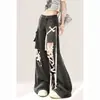 Vibe High Street Retro Lavado Pantalones de Tiro Alto Pierna Ancha Street Punk Americano Cordones Negros Jeans de Trabajo Desgastados